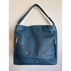 Michael Kors Evie Large Pebbled Leather Hobo Bag Silver Tone Hardware-READ